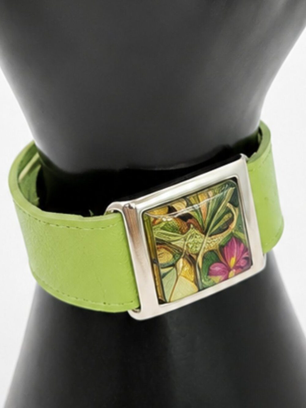 Green Leather Cuff Bracelet Artisan Glass Tile Silver Tone Statement Bracelet